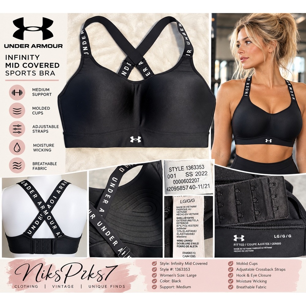Under Armour Infinity Mid Covered Sports Bra Women L Black Crossback 1363353
